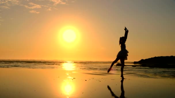 Beach Ballet Při Západu Slunce Zpomaleném Filmu — Stock video