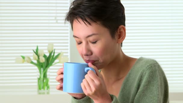 Szczęśliwy Mieszane Rasy Kobieta Picie Herbaty — Wideo stockowe