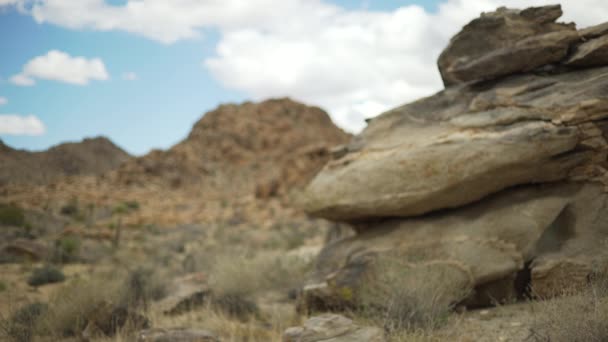 Grote Rotsblokken Een Rotsachtige Bergkam Joshua Tree Woestijn Voor Groen — Stockvideo