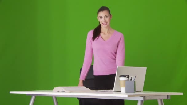 Masada Dizüstü Bilgisayarla Duran Genç Kadınının Portresi — Stok video
