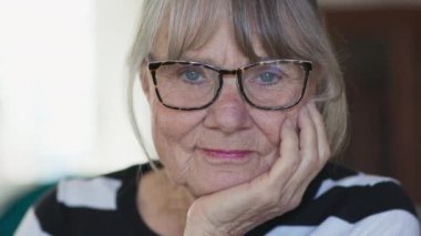 Gözlüklü, kameraya gülümseyen, çenesi elinde dinlenen yaşlı beyaz bir kadın. Oturma odasında çizgili süveter giyen gri saçlı yaşlı beyaz kadın. Yavaş çekim el bilgisayarı 4k