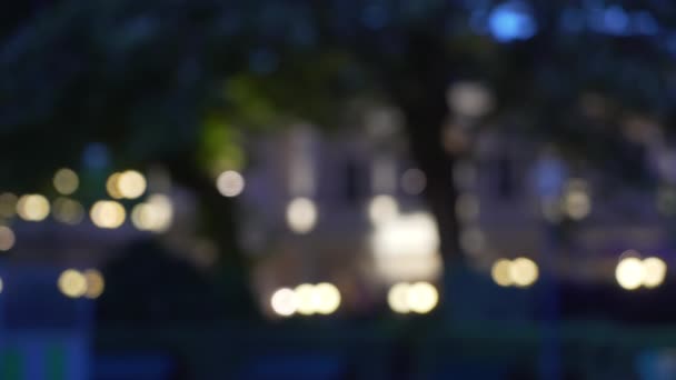 夜になると都会の公園でボケが灯る 街路灯付き抽象的な空の公園の美しい夕暮れシーン — ストック動画