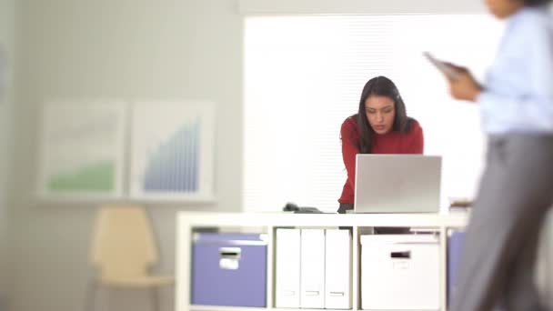 Laptop Arka Planda Arkadaşlarıyla Çalışan Latin Kadını — Stok video
