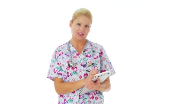 Portrait Female Nurse Holding Clipboard — Stock Video