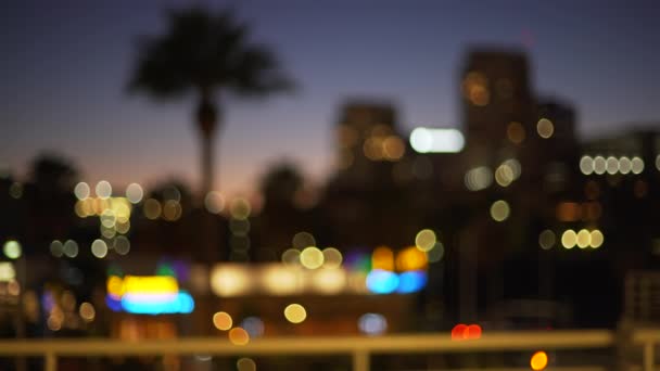 夜にカリフォルニア市内のダウンタウンのスカイラインのぼやけた背景プレート フォーカス外緑の画面構成のための夜にヤシの木と都市部のビデオ背景 — ストック動画