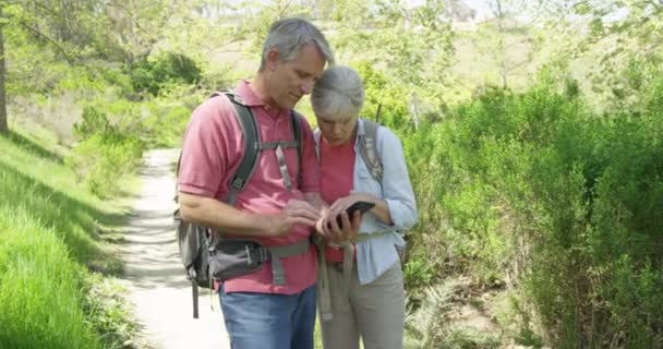 Seniorenpaar Met Smartphone Voor Routebeschrijving Wandeling — Stockvideo
