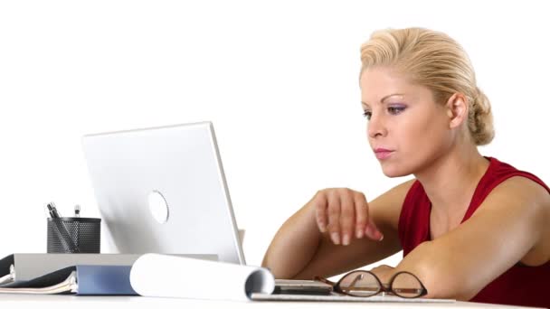 Closeup Executive Businesswoman Working Cellphone Laptop Desk — Stock Video