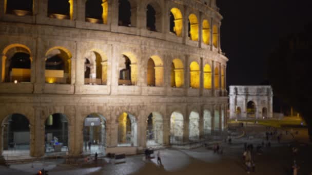 Nachtschot Van Oude Ruïne Oude Europese Stad Close Uitzicht Romeinse — Stockvideo