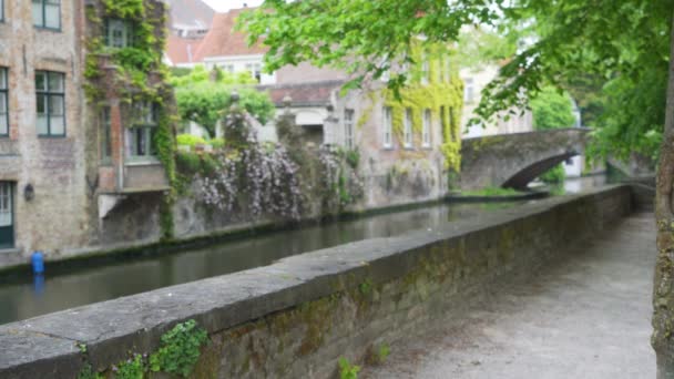 Buiten Focus Achtergrond Plaat Van Loopbrug Naast Kanaal Brugge Met — Stockvideo