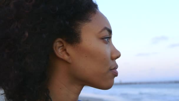 Портрет Женщины Улыбающейся Пляже — стоковое видео