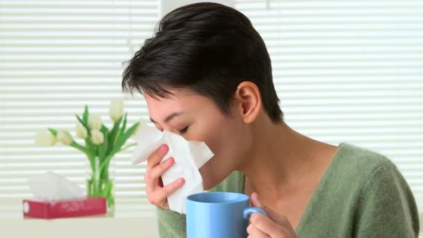 Žena Nemocná Studeným Kýcháním Pitím Čaje — Stock video