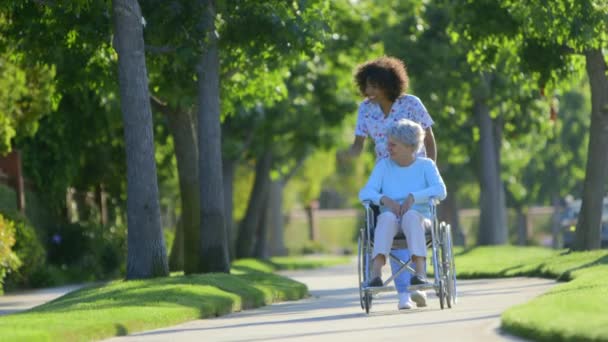 車椅子の高齢女性と歩く看護師 — ストック動画