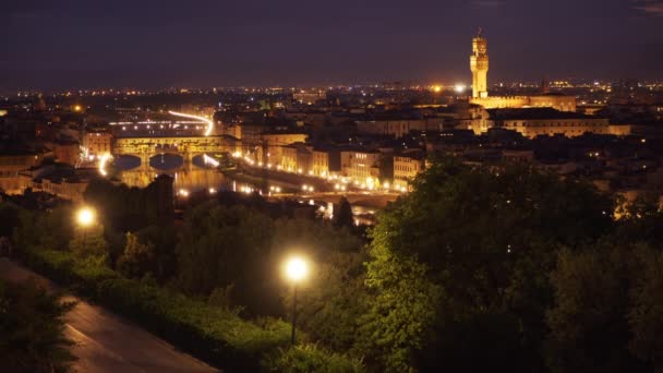 Vista Cityscape Florença Itália Luzes Noturnas Sobre Rio Arno Torre — Vídeo de Stock