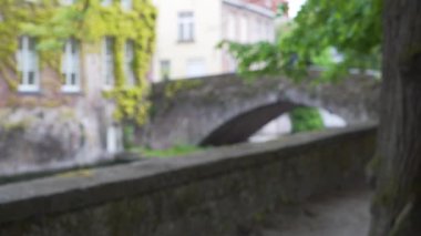 Bruges 'de kanal kenarında ağaçlar ve çiçekleri birleştirmek için yürüme alanının arka plan plakasını tarıyorum. Avrupa 'daki kanalların ve köprülerin bulanık video arkaplanı. 4k
