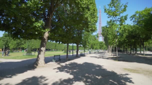 パリのエッフェル塔の前にある火星公園のフィールド 大規模な木々の後ろに有名なフランスの記念碑の風景 — ストック動画