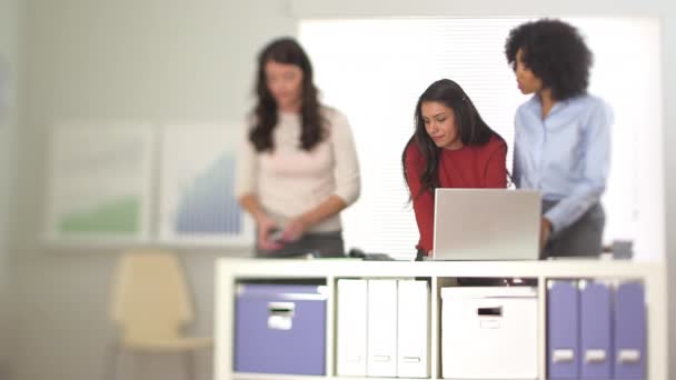 Mujer Negocios Hispana Trabajando Laptop Con Compañero Trabajo Afroamericano — Vídeo de stock