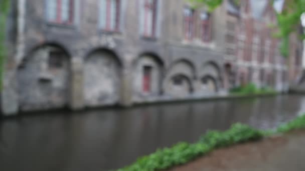 合成のためのブルージュの運河の焦点背景プレートのうち ブリュリービデオ緑の画面のためのヨーロッパの都市の背景 — ストック動画