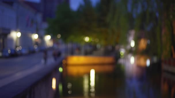 ブルージュ運河のフォーカスバックプレートのうち 夜に買い物袋で観光客を渡します 緑の画面構成のための水の中に輝く光の外のビデオ背景をブリュリー — ストック動画