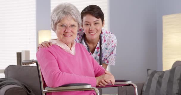 Asian Nurse Smiling Elderly Patient — Stock Video