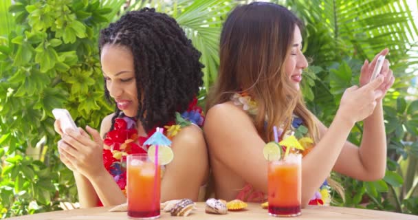 日本和非洲裔美国朋友在度假时使用手机 — 图库视频影像