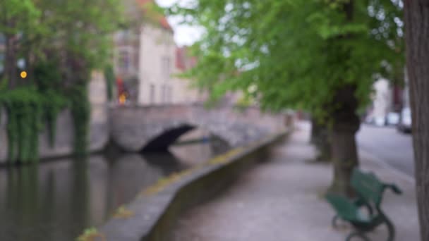 Fora Foco Vídeo Fundo Pate Bruges Canal Banco Público Rua — Vídeo de Stock