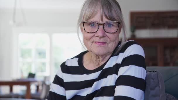 Close Confident Older Caucasian Woman Home Looking Camera Senior Woman — Stock Video