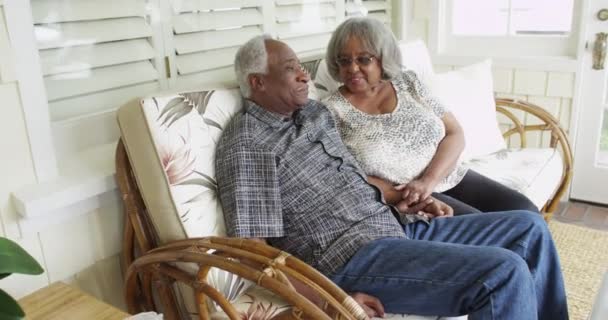 Mature African Couple Sitting Couch Talking Smiling — Stock Video