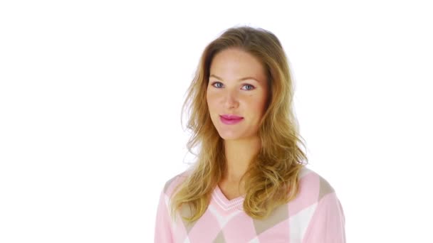 Női Portré Rózsaszín Pulóverben — Stock videók