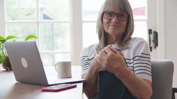 Portret Zrelaksowanej Starszej Kobiety Pracującej Domu Laptopie Przy Stole Stołowym — Wideo stockowe