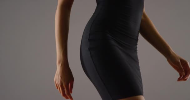 Close Mid Section Woman Black Dress Dancing Slowmo — Stock Video