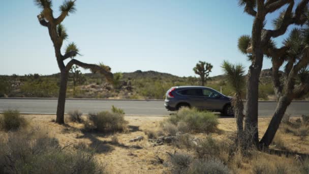 在空旷的沙漠公路边的Suv 用于绿色屏幕或彩色键 因作曲或键击而失焦或失焦 — 图库视频影像