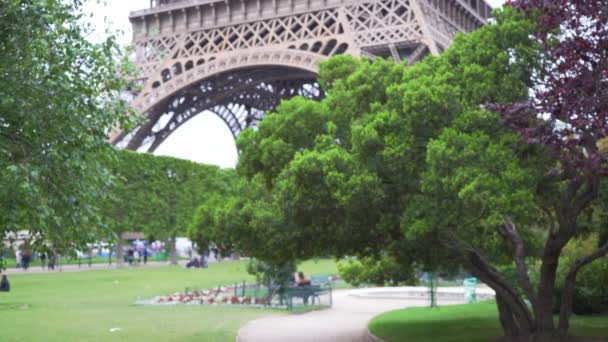 Pohled Eiffelovu Věž Pokrytou Nádhernými Zelenými Stromy Champs Mars Velký — Stock video