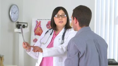 Japon doktor erkek hastanın röntgenini inceliyor.