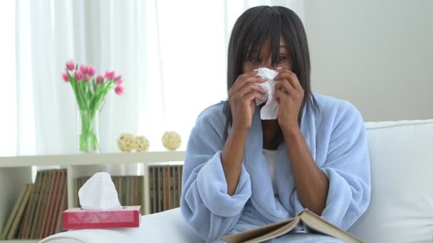 Black Woman Cold Blowing Nose Tissue — Stock Video