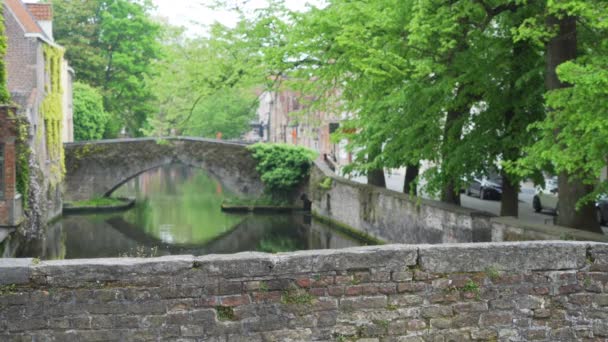 Placa Fundo Vídeo Fora Foco Vista Canal Bruges Ponte Cenário — Vídeo de Stock