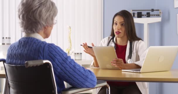 Mexican Woman Doctor Talking Elderly Patient — Stock Video