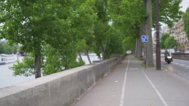 パリのセーヌ川の隣に木がある歩道の背景プレート 都市環境の中の街の街の風景 — ストック動画