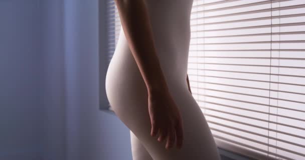 Pencerenin Yanında Duran Kadın Orta Bölümünün Arka Görünümü — Stok video