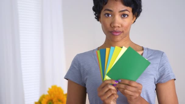 African American Woman Holding Fan Paint Chips — Stock Video