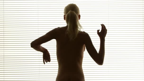 Silhouette Femme Blonde Devant Fenêtre — Video