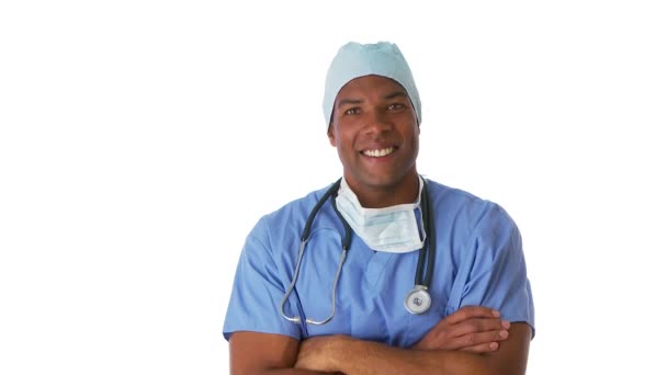 Πορτραίτο Του Άνδρα Χειρουργού Μπλε Ποδιά — Αρχείο Βίντεο
