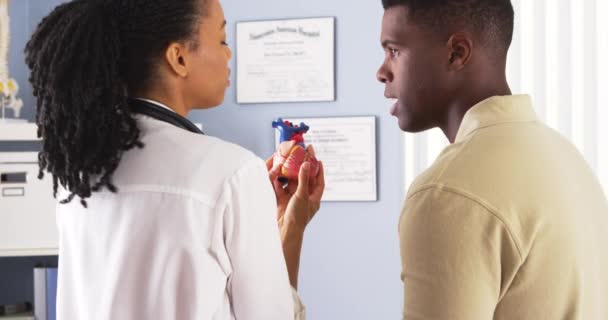 Afroamerikansk Läkare Förklarar Modell Hjärta Till Patient — Stockvideo