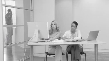 Ofiste bilgisayarla çalışan iki iş kadını