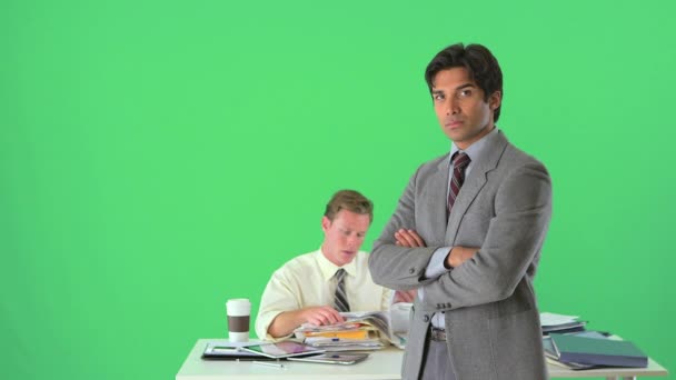 Confident Businessman Standing Front Distressed Colleague Greenscreen — Stock Video
