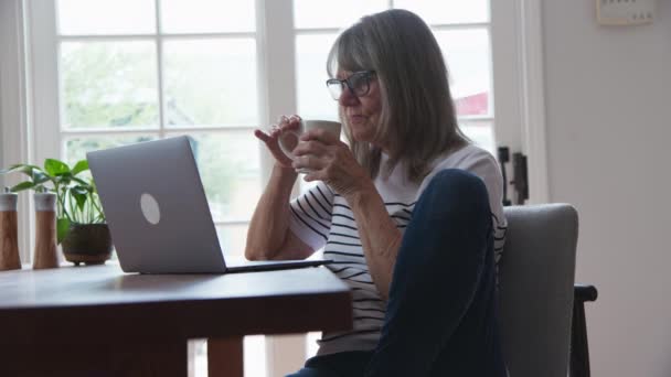 Evde Laptopuyla Yemek Masasında Çalışan Kahve Içen Rahatlamış Yaşlı Bir — Stok video