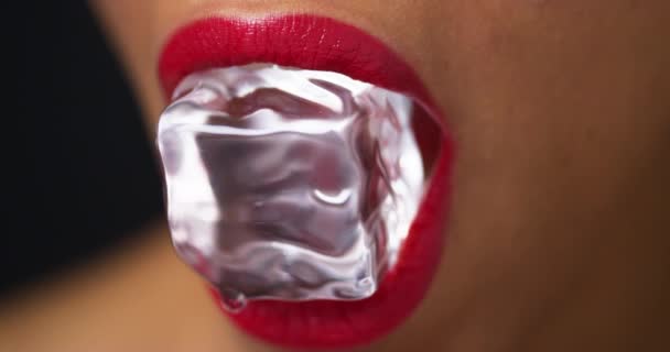 Closeup Woman Ice Mouth — Stock Video