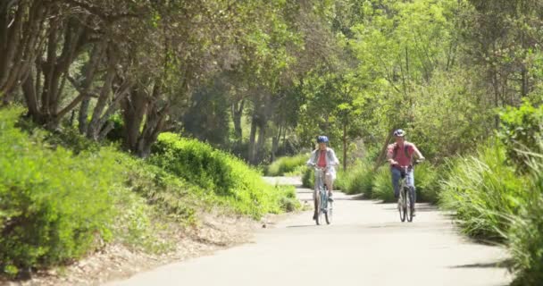 Feliz Activa Pareja Ancianos Bicicleta Sendero — Vídeos de Stock