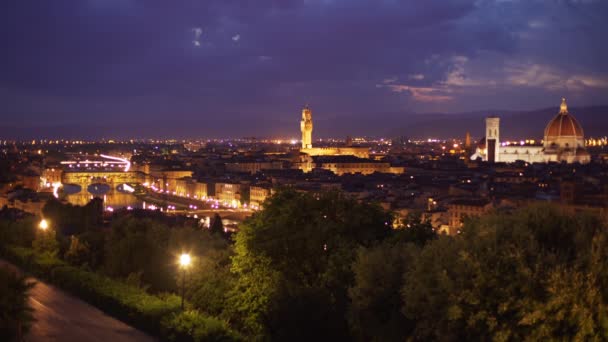 Pohled Noční Světla Florencie Itálie Obzoru Široký Záběr Katedrály Santa — Stock video