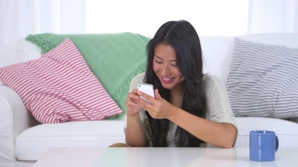 Schattig Japans Vrouw Met Behulp Van Haar Mobiele Telefoon — Stockvideo