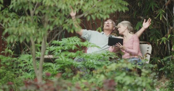 Dışarıda Tableti Paylaşan Mutlu Yaşlı Çift — Stok video